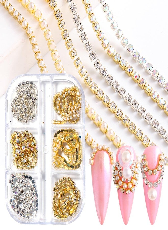 JERCLITY 1 Box 6 Strips Nail Chains for Nail Art Gold Silver Alloy Metal Nail Art Chains Inlay Pearl Rhinestone AB Diamond for Acrylic Nail Art Punk Nail Studs Jewelry Accessories for Women Nail Art - Image 1
